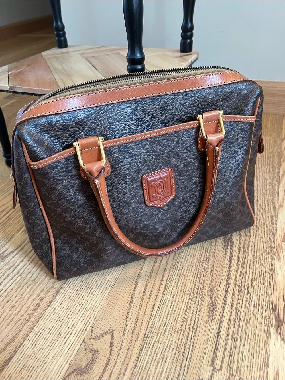 Celine Brown Monogram Bowling Bag with Tan Leather Trim